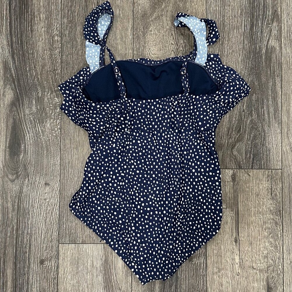 Kona Sol Navy Blue Polka Dot One-Piece Swimsuit, Size Medium (8-10) - Picture 8 of 9